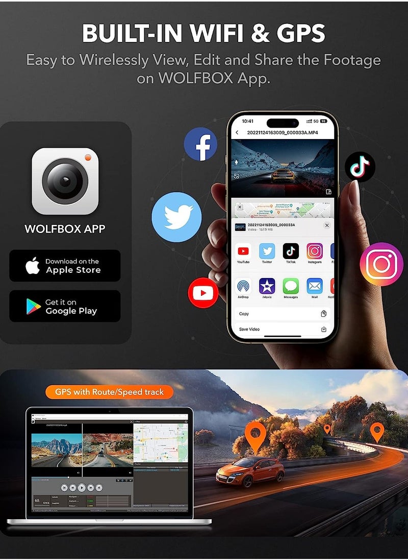 WOLFBOX - WOLFBOX 4K Dash Cam Front and Rear, Car Camera for Cars with Built-in WiFi GPS, Dual Dash Camera with 170° Wide Angle, WDR Night Vision, Loop Recording, G-Sensor, Parking Monitor, Max Support 128GB - Image 1