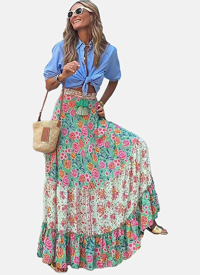 YUNIQEE Green Fit & Flare Printed Maxi Skirt