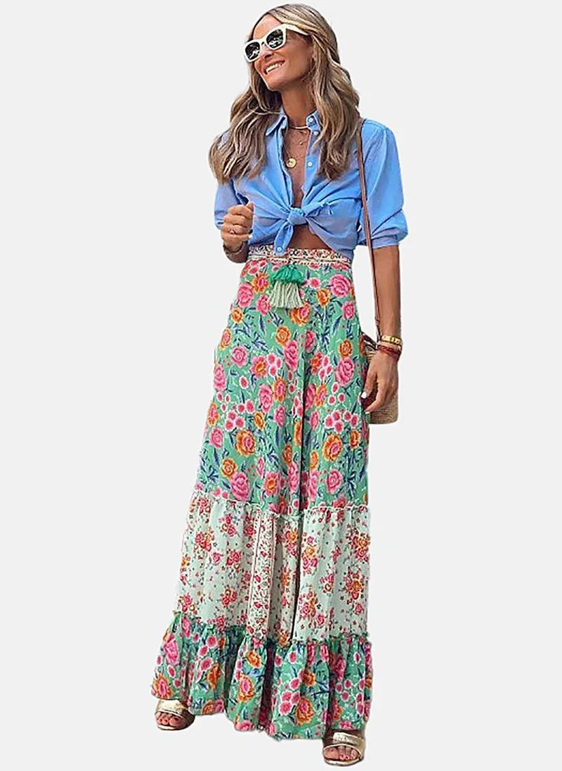YUNIQEE Green Fit & Flare Printed Maxi Skirt
