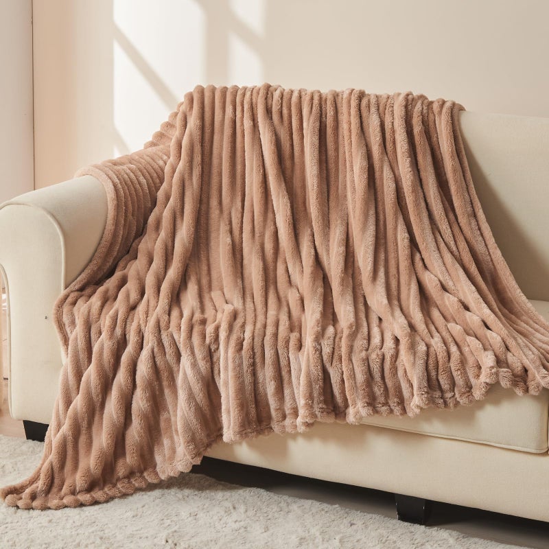 NEWCOSPLAY Super Soft Twin Blanket Taupe Premium Silky Flannel Fleece 3D Ribbed Jacquard Lightweight Bed Blanket All Season Use (Taupe Ribbed  Twin(60""x80"")) - Image 3