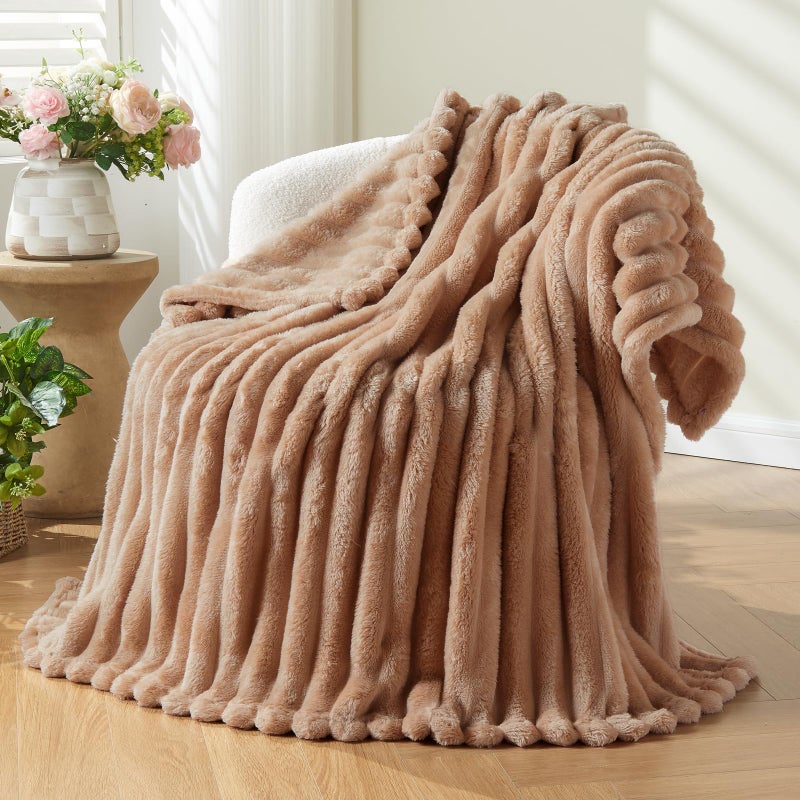 NEWCOSPLAY Super Soft Twin Blanket Taupe Premium Silky Flannel Fleece 3D Ribbed Jacquard Lightweight Bed Blanket All Season Use (Taupe Ribbed  Twin(60""x80"")) - Image 1
