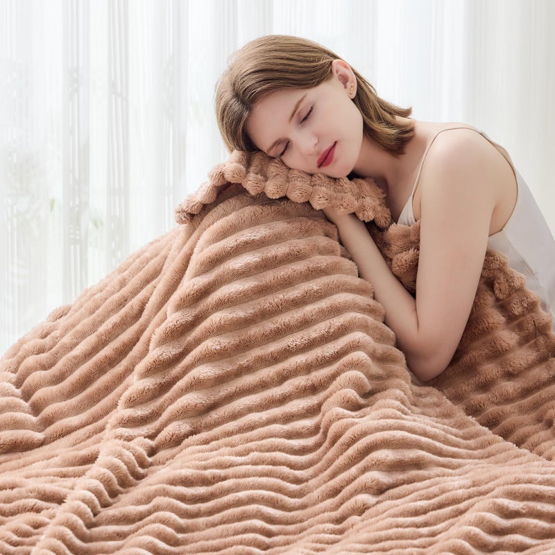 NEWCOSPLAY Super Soft Twin Blanket Taupe Premium Silky Flannel Fleece 3D Ribbed Jacquard Lightweight Bed Blanket All Season Use (Taupe Ribbed  Twin(60""x80"")) - Image 4