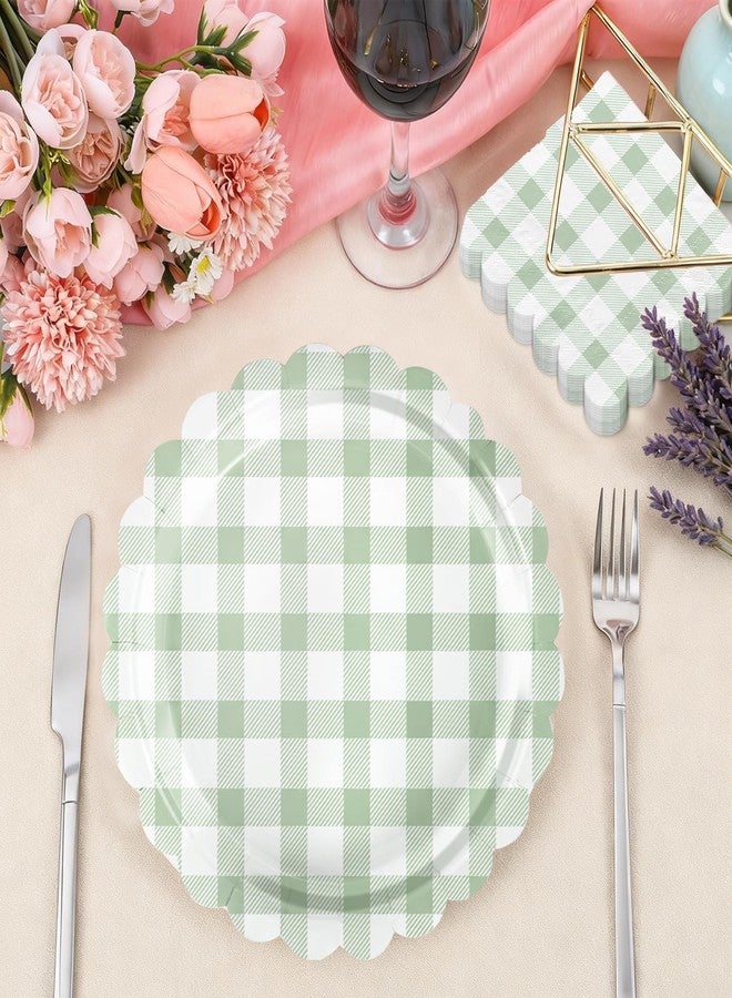 Oigco 50 Pcs Sage Green Gingham Party Supplies, Sage Green Disposable Scalloped Plates and Napkins for Wedding Bridal Shower Birthday Baby Shower, Serves 25 - Image 5
