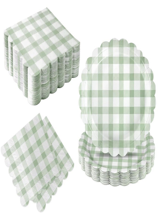 Oigco 50 Pcs Sage Green Gingham Party Supplies, Sage Green Disposable Scalloped Plates and Napkins for Wedding Bridal Shower Birthday Baby Shower, Serves 25 - Image 1