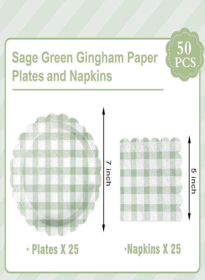 Oigco 50 Pcs Sage Green Gingham Party Supplies, Sage Green Disposable Scalloped Plates and Napkins for Wedding Bridal Shower Birthday Baby Shower, Serves 25 - Image 2
