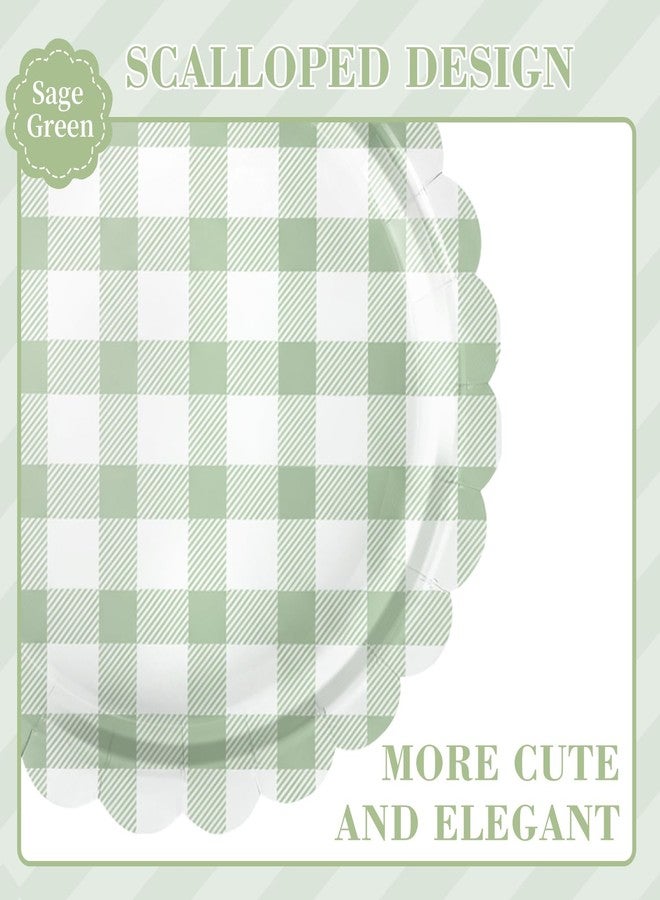 Oigco 50 Pcs Sage Green Gingham Party Supplies, Sage Green Disposable Scalloped Plates and Napkins for Wedding Bridal Shower Birthday Baby Shower, Serves 25 - Image 3