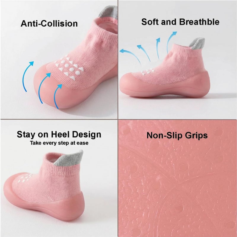 Hstyle Baby Sock Shoes Toddler Walking Shoes Infant Non-Slip Slippers Soft Rubber Sole Sneakers for Baby Boys Girls 9-12 Months Pink - Image 5