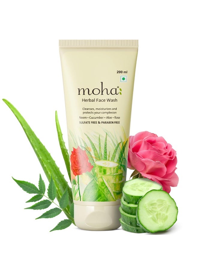 Moha: Herbal Face Wash with Neem, Rose, Cucumber & Aloe Vera for Clean, Glowing & Moisturized Skin | Herbal Cleanser for Acne, Pimples and Dark Spots | Removes Impurities & Puffiness | Provide Even Tone & Lightens Blemished Skin | Ideal Face Wash for Women & Men - 200 Ml (Pack of 1) - Image 1