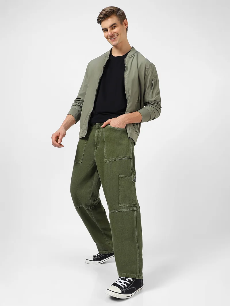 Urbano Fashion  Urbano Fashion Men's Olive Green Loose Baggy Fit Washed Cargo Jeans with 6 Pockets Non-Stretchable for Men | Best Price UAE