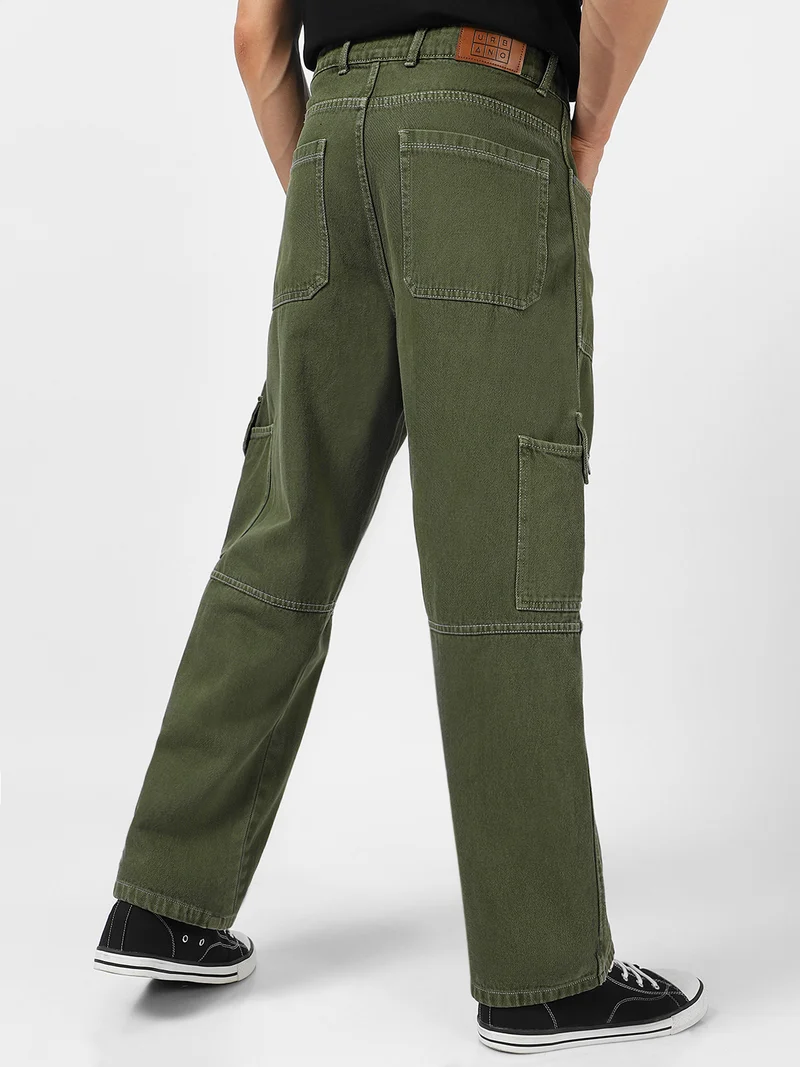 Urbano Fashion  Urbano Fashion Men's Olive Green Loose Baggy Fit Washed Cargo Jeans with 6 Pockets Non-Stretchable for Men | Best Price UAE