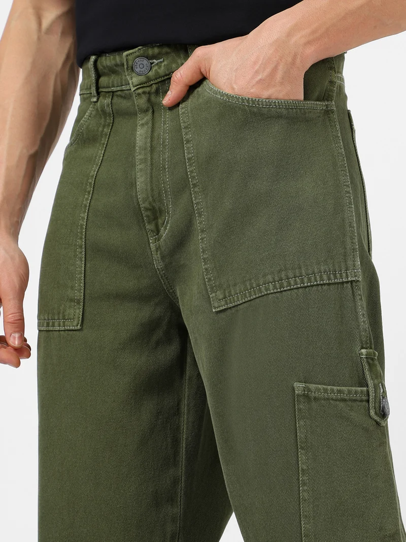 Urbano Fashion  Urbano Fashion Men's Olive Green Loose Baggy Fit Washed Cargo Jeans with 6 Pockets Non-Stretchable for Men | Best Price UAE