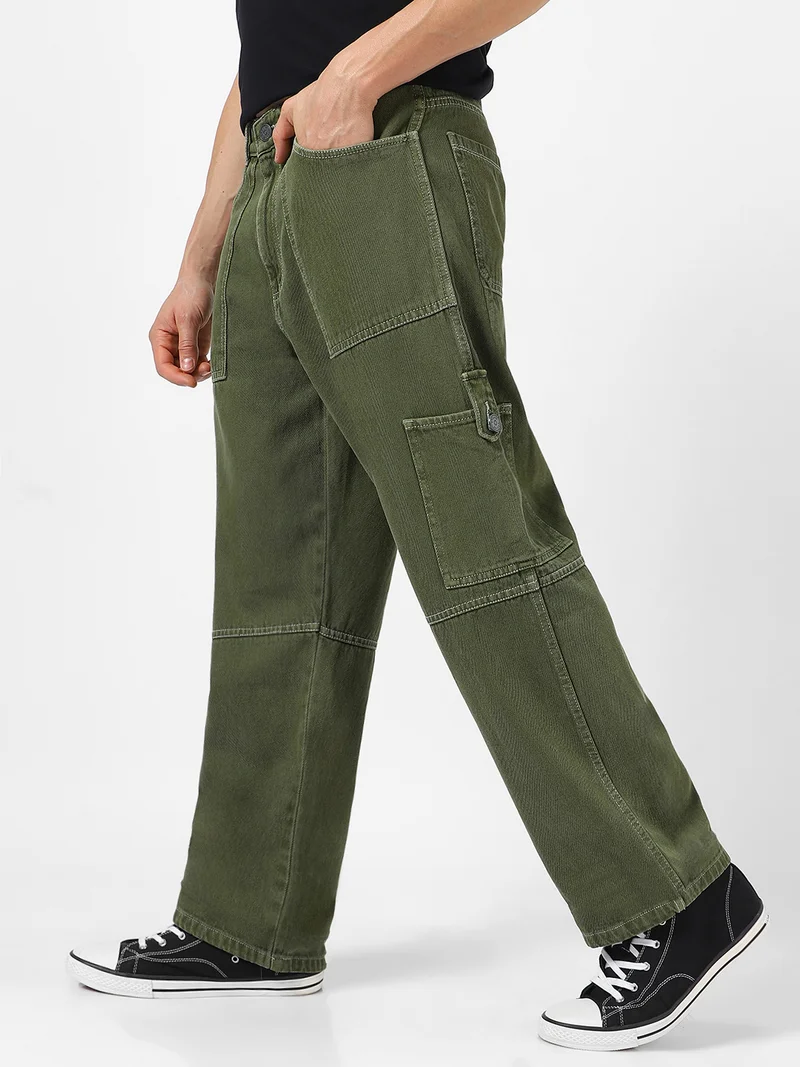 Urbano Fashion Men's Olive Green Loose Baggy Fit Washed Cargo Jeans with 6 Pockets Non-Stretchable
