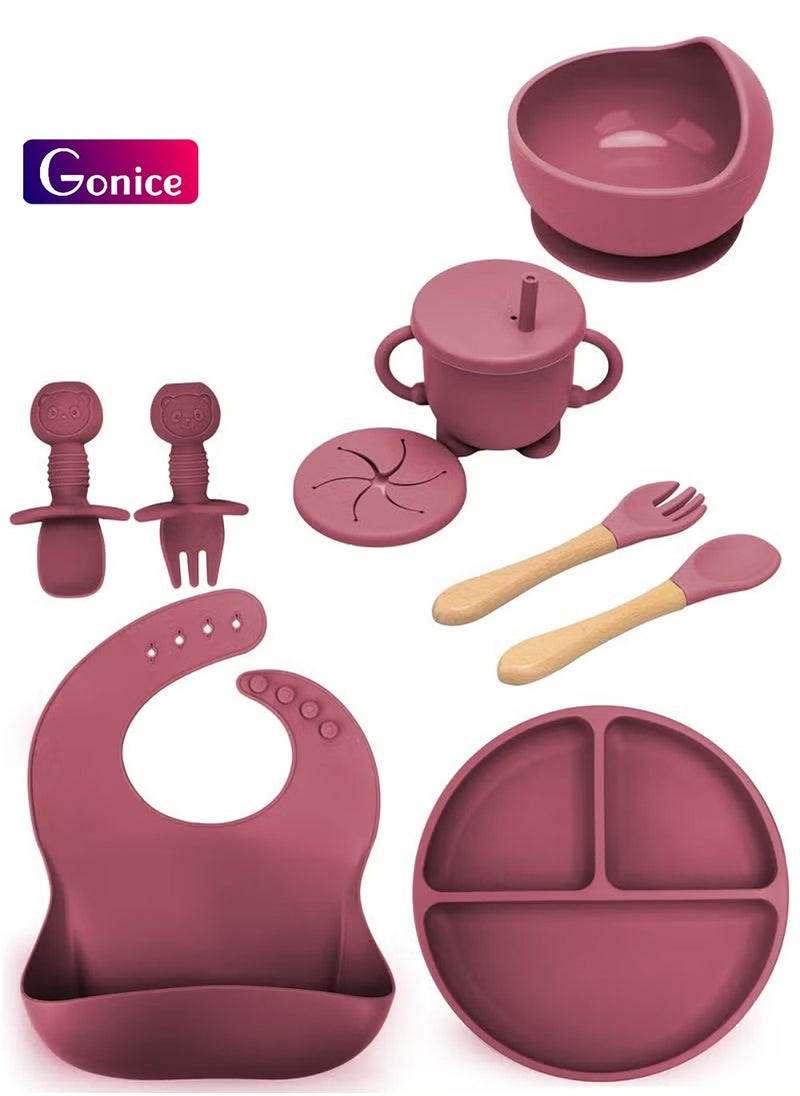 Gonice Silicone Baby Feeding Set, 9 Piece Baby Led Weaning Supplies, Baby Toddler Bib Cup Divided Plate and Bowl Self Feeding Spoons Dish Set, Baby Eating Utensils, Toddler Feeding Supplies  - Image 1