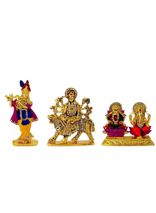 LE Lord Krishna (Krishn) Murlidhar Idol (Multicolor) MATA Durga Maa Vaishno Devi (Oxidised) Lakshmi-Ganesha Laxmi Ganesh (Golden Meenakari) Idol/Statue for Home Office Shop Car Dashboard & Gift - Image 2