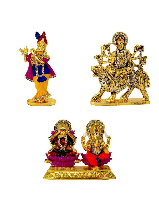 LE Lord Krishna (Krishn) Murlidhar Idol (Multicolor) MATA Durga Maa Vaishno Devi (Oxidised) Lakshmi-Ganesha Laxmi Ganesh (Golden Meenakari) Idol/Statue for Home Office Shop Car Dashboard & Gift - Image 1