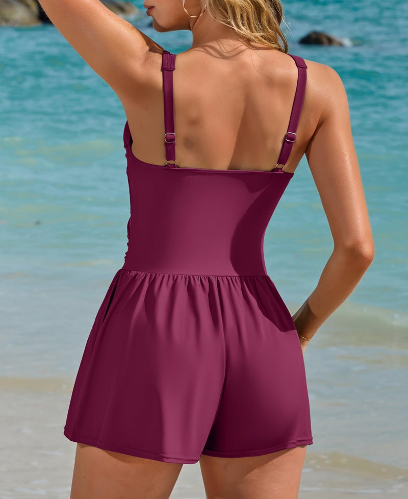 Charmo Swim Romper One Piece Swimsuits for Women Tummy Control Bathing Suits with Shorts V Neck Swimwear Burgundy XL - Image 2