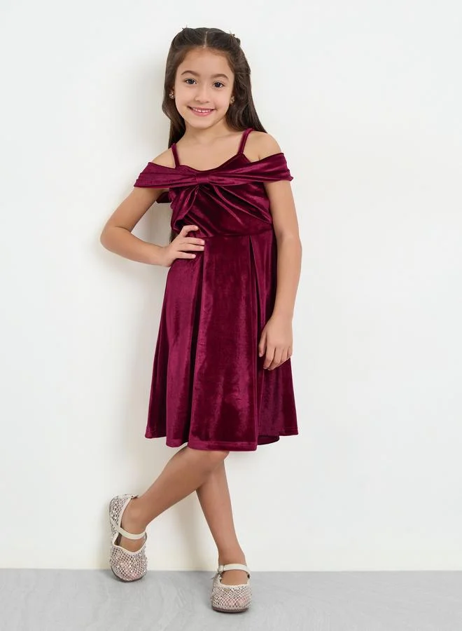 Styli Girls Burgundy Velvet Cold Shoulder Dress