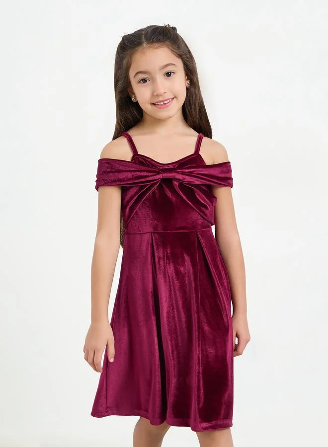 Styli Girls Burgundy Velvet Cold Shoulder Dress