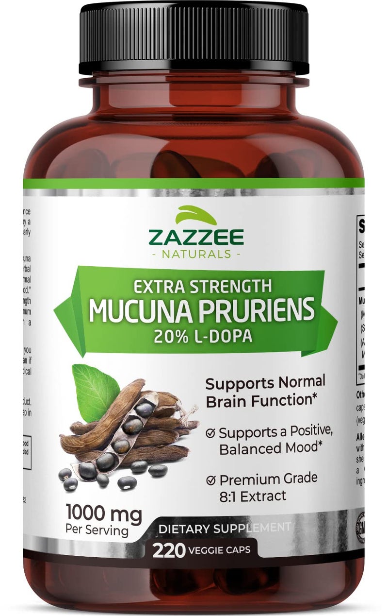 Zazzee Extra Strength Mucuna Pruriens 8:1 Extract, Minimum 20% L-Dopa, 1000 mg, 220 Vegan Capsules, 110 Day Supply, Concentrated and Standardized 8X Extract, 100% Vegetarian, All-Natural and Non-GMO - Image 1