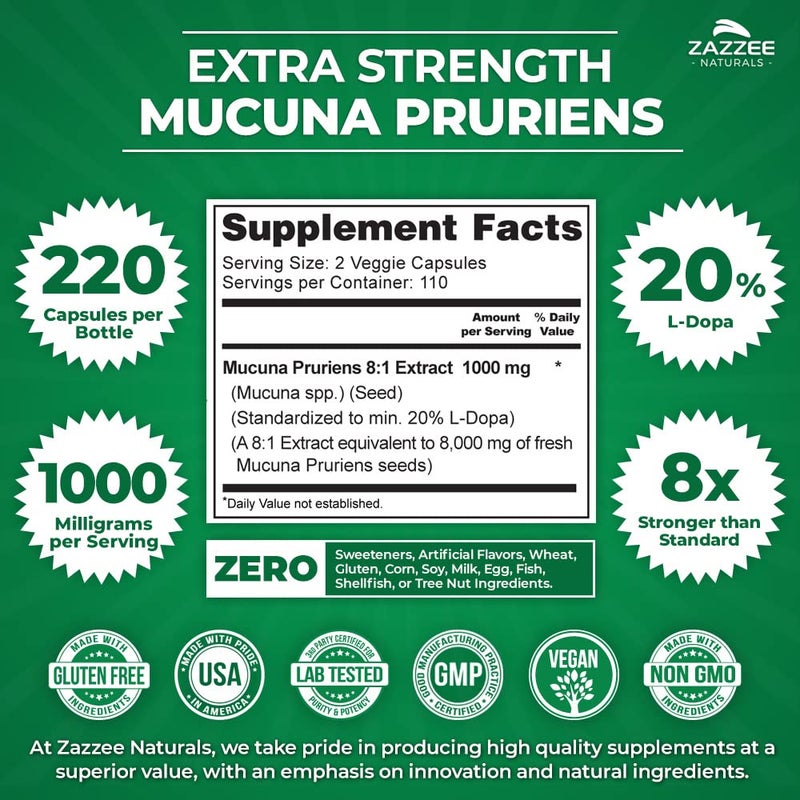 Zazzee Extra Strength Mucuna Pruriens 8:1 Extract, Minimum 20% L-Dopa, 1000 mg, 220 Vegan Capsules, 110 Day Supply, Concentrated and Standardized 8X Extract, 100% Vegetarian, All-Natural and Non-GMO - Image 2