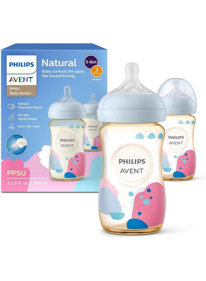 Avent Philips Avent PPSU Natural Baby Bottles with Medium Flow Nipples Flow 3 9oz with Decoration 2Pack SCY94302