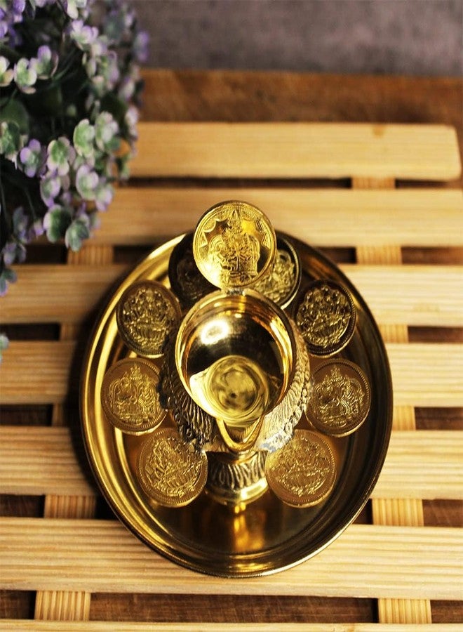 JDS Puja Articles by Sengems Brass Kubera Vilakku with Stand & 9-Coin Plate – Gaja Lakshmi Diya for Lakshmi Kubera Pooja & Diwali - Image 1