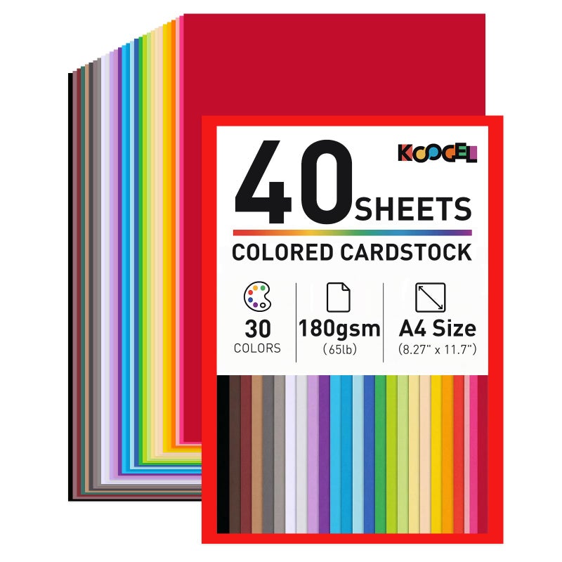 Koogel 40 Sheets Colored Cardstock 827 x 117 A4 Size 30 Assorted Colors Construction Paper 180GSM65LB Card Stock Printer Paper for School Projects Holiday Crafts DIY Card Making Printing