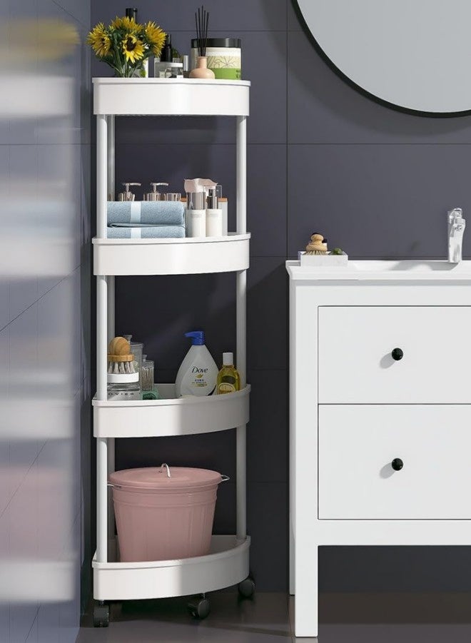 LOKIPA Plastic Shelf Bathroom Corner Shelves,Corner Shower Caddy Shelves, Bathroom Shower Shelves Unit Cart with Wheel, Rust Proof Open Storage Cart for Bathroom, Kitchen (White, 4-Tier) - Image 4