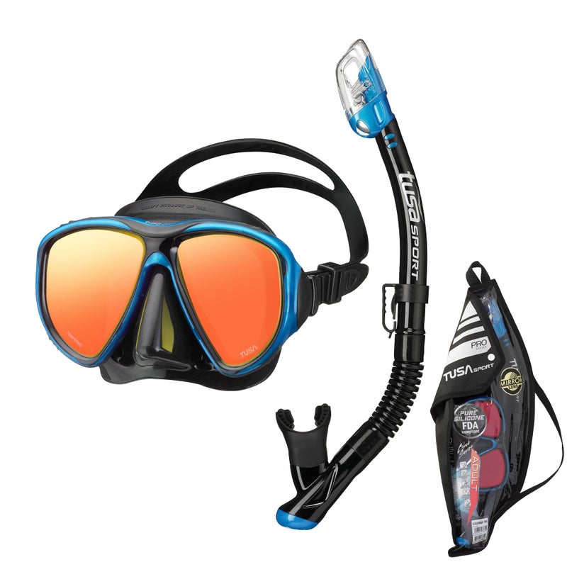 TUSA Sport Adult Powerview Mask and Dry Snorkel Combo, Black/Fishtail Blue Mirrored Lens (UC-2425PMQB-FBB) - Image 2
