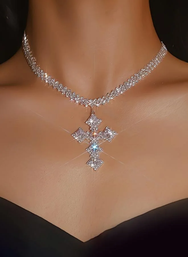 Take Two Silver Rhinestone Embellished Cross Necklace