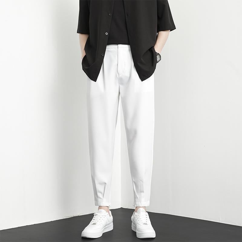 Summer Thin Ankle Pants for Boys Side Zipper Straight Pendant Casual Trendy Brand Hallen Pants Long Small Suit Pants K24 White  - Image 1
