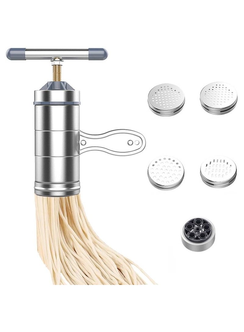 YelaJoy Noodle Maker Machine Manual Pasta Maker with 5 Noodle Mould,Stainless Steel Noodles Press Machine Portable Pasta Machine Tools,Hand Crank Spaghetti Noodle Making Machine Fruit Juicer Squeezer - Image 1