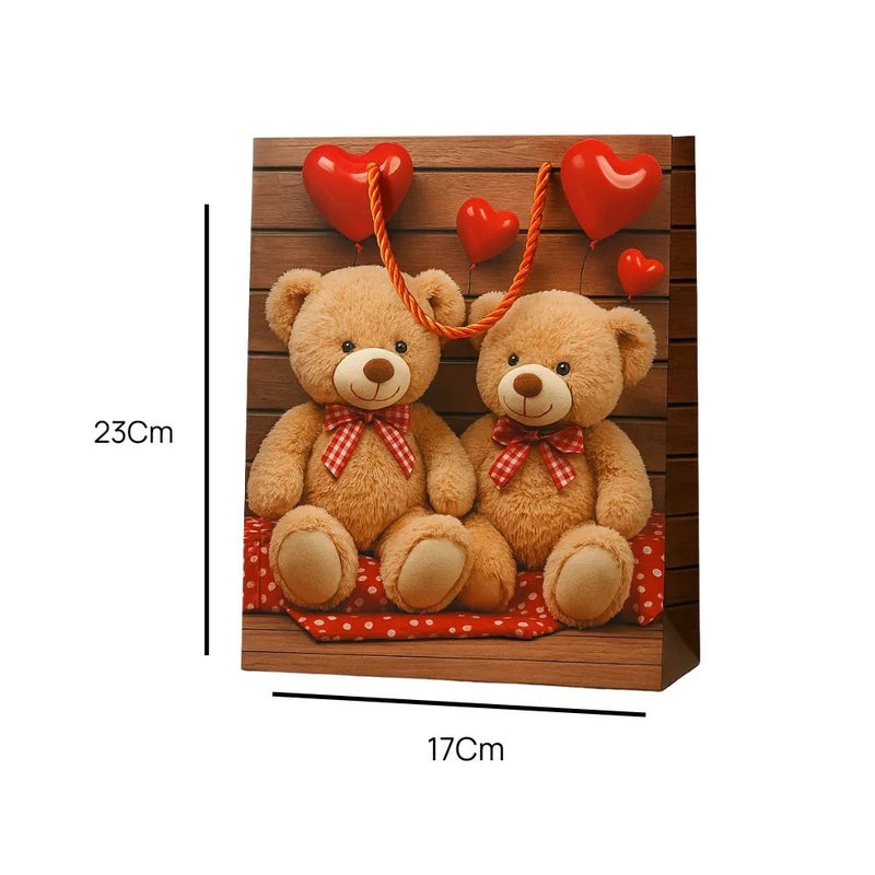 Two Teddy With Hearts Printed Kraft Paper Gift Bag With Twisted Rope Handle- 17X23cm