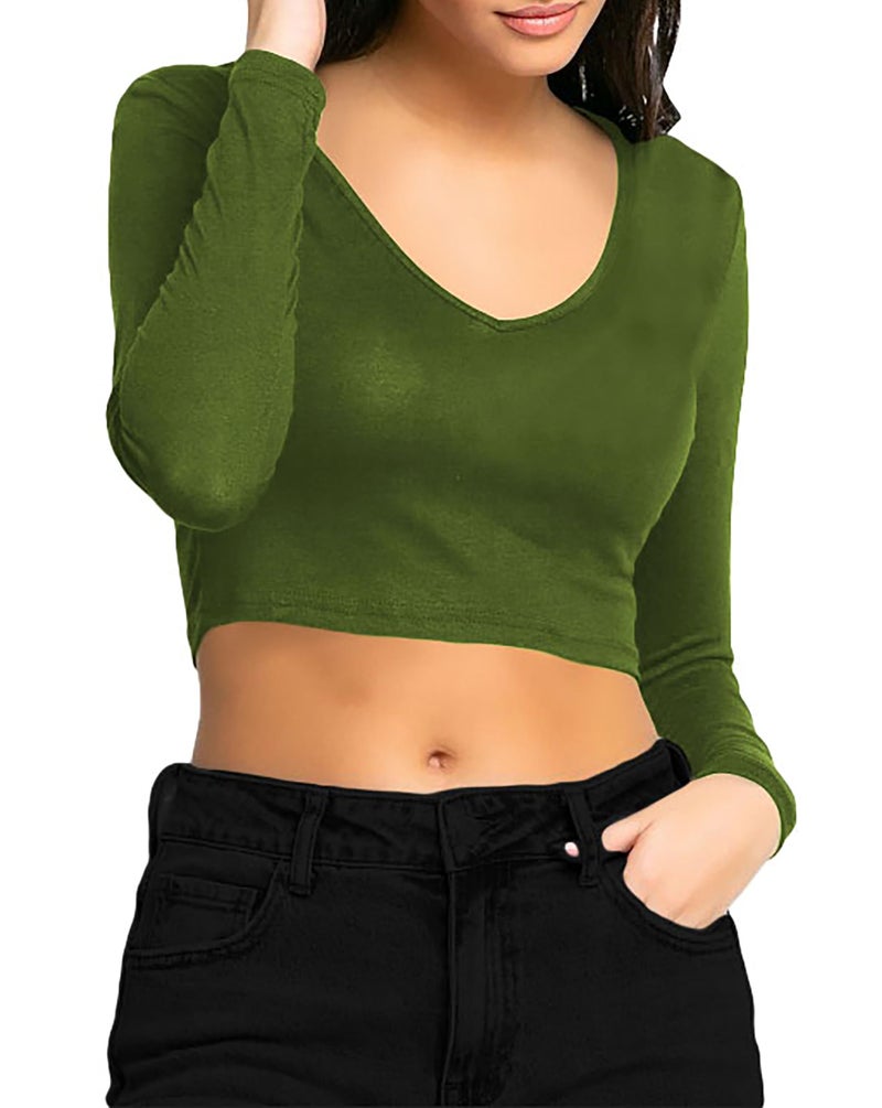 THE BLAZZE Women's Cotton Stylish Stretchable Deep V Neck Long Sleeve Regular Fit Readymade Crop Top T-Shirt for Women L508 1309 (M, AGR) - Image 3