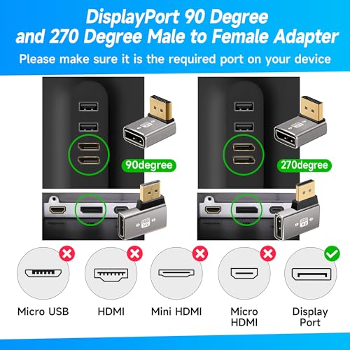Togconn Right Angle 8K DisplayPort 1.4 Adapter Multi-Type 90 Degree and 270 Degree Adapter 4 Pack, DP Male to Female Vertical Connector Converter DP L Shape Extender, Support 8K@60Hz，4K@144Hz，4K@60Hz，4K@30Hz - Image 2