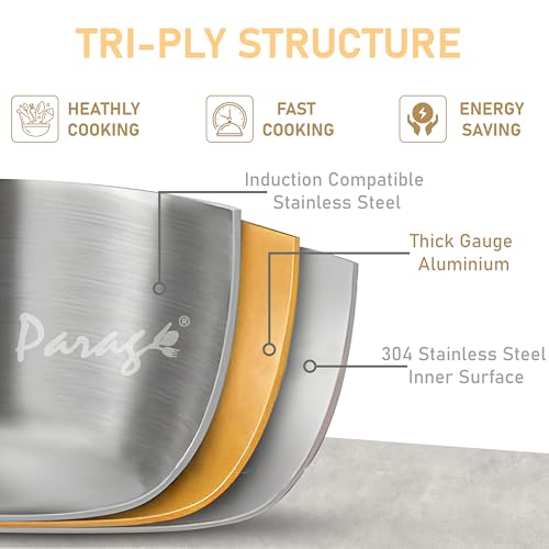 Parage Tripure Tri-Ply Stainless Steel Fry Pan (24cm) | Heavy Bottom Steel Pan for Tempering, Frying | Induction & Gas Friendly | Stay-Cool Handle | Scratch Resistant | 5 Years Warranty - Image 3
