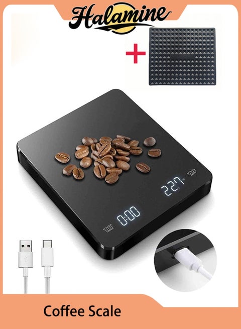 Digital Coffee Scale with Timer+Isolation Heat Pad,3 KG/0.1 g Rechargeable Kitchen Scale with Invisible Screen,Tare and Auto On/Off Functions, Measures inGrams/Ounces/Milliliter (Black)