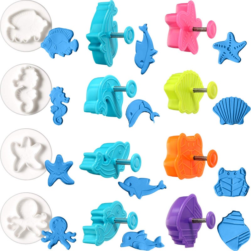 Patelai 12 Pieces Ocean Fish Cookie Cutters with Plunger Stamps Set 3D Under The Sea Creature Animal Cookie Cutter Pastry Fondant Pie Crust Baking Mold Cake Tool Decor for Birthday Party DIY