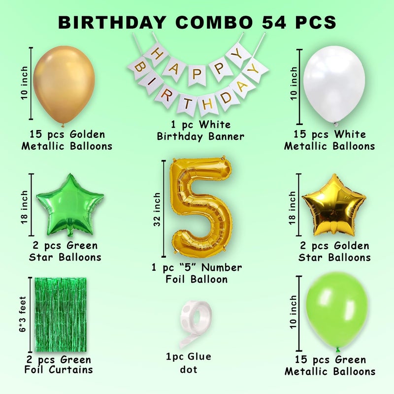 1iAM 5years of Birthday Decoration with 45pcs Golden, White and Green metallic balloons(Set of 54) - Image 2
