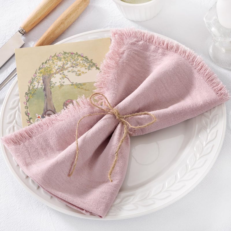 DeZerlor 6 Pack Pink Cotton Linen Napkins with Fringe Mothers Day Pink Cloth Napkins Set of 6 Boho Handmade Dinner Napkins for Wedding Bridal Girl Baby Shower Sweet 16 Party Decor 17 x 17 Inches - Image 2