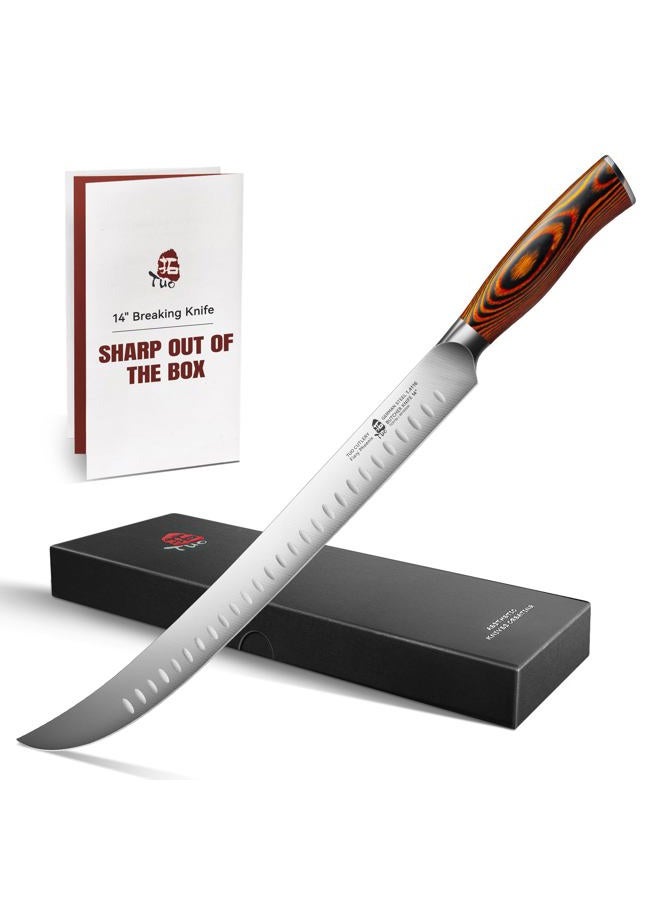 TUO Cimitar Butcher Knife - 14 Inch Butcher's Breaking Knife Long Meat Slicing Knives Pro Curved Slicer Carver - Forged German Steel with Full-Tang Pakkawood Handle - Fiery Series Gift Box Included - Image 1
