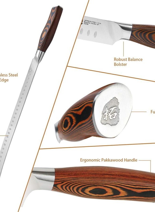TUO Cimitar Butcher Knife - 14 Inch Butcher's Breaking Knife Long Meat Slicing Knives Pro Curved Slicer Carver - Forged German Steel with Full-Tang Pakkawood Handle - Fiery Series Gift Box Included - Image 4