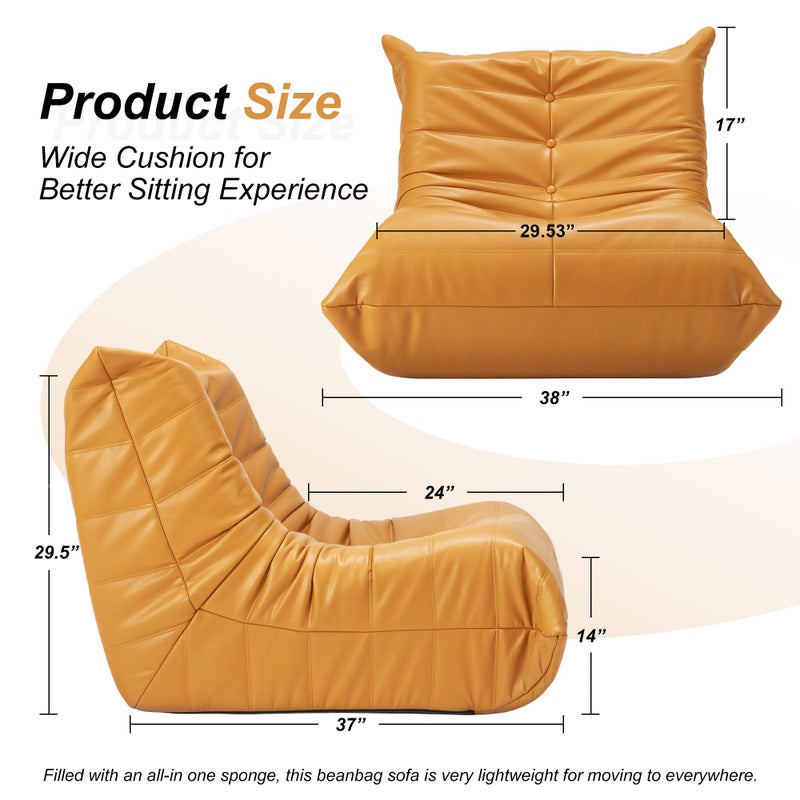 Hobestluk Giant Bean Bag Chair Lazy Floor Sofa, Memory Foam Fireside Sofa for Adults, Big Beanbag Faux Leather Armless Chair for Living Room Bedroom Dorm Office (Yellow, Single) - Image 2