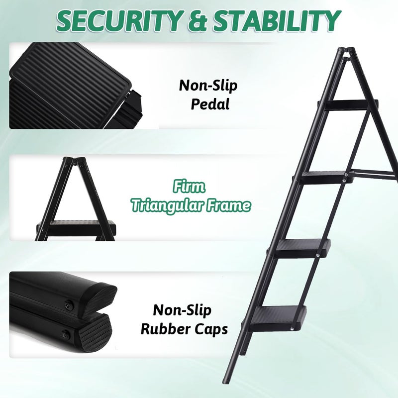 oosofitt 4 Step Ladder Folding Step Stool, Heavy Duty 330 Lbs Load Step Ladders for Home, Tall Kitchen/Closet Stepladder for Adults, Black Small & Lightweight Ladder with Anti-Slip Wide Pedals by OOSOFITT - Image 2