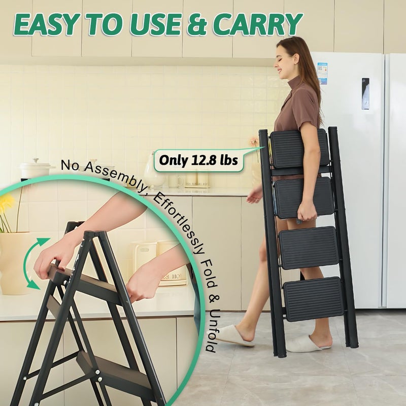 oosofitt 4 Step Ladder Folding Step Stool, Heavy Duty 330 Lbs Load Step Ladders for Home, Tall Kitchen/Closet Stepladder for Adults, Black Small & Lightweight Ladder with Anti-Slip Wide Pedals by OOSOFITT - Image 5
