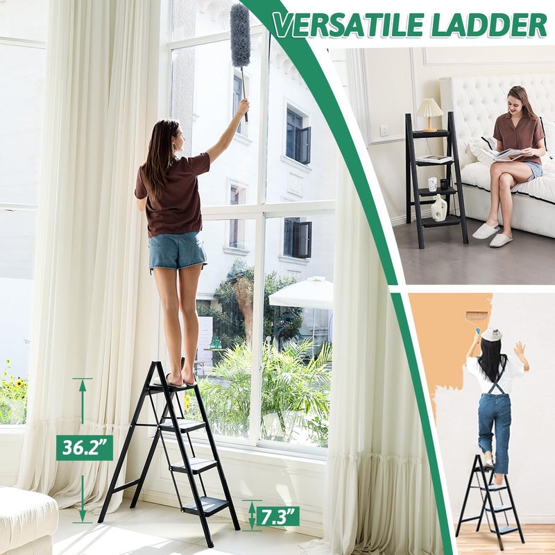 oosofitt 4 Step Ladder Folding Step Stool, Heavy Duty 330 Lbs Load Step Ladders for Home, Tall Kitchen/Closet Stepladder for Adults, Black Small & Lightweight Ladder with Anti-Slip Wide Pedals by OOSOFITT - Image 4