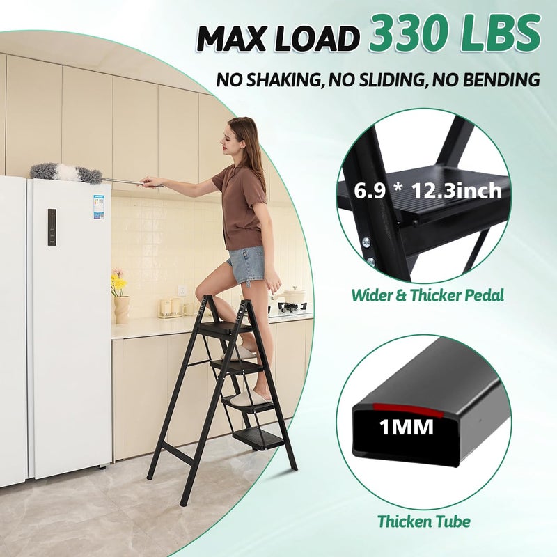 oosofitt 4 Step Ladder Folding Step Stool, Heavy Duty 330 Lbs Load Step Ladders for Home, Tall Kitchen/Closet Stepladder for Adults, Black Small & Lightweight Ladder with Anti-Slip Wide Pedals by OOSOFITT - Image 3