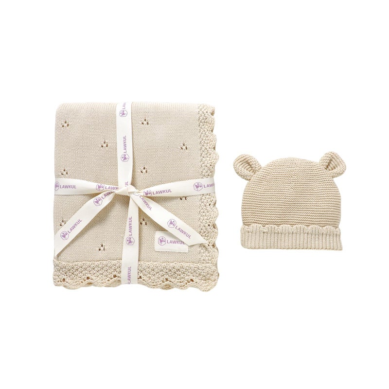 LAWKUL Baby Blanket & Beanie Hat Set 100% Organic Cotton Newborn Swaddle Beanie Soft Cozy for Infants Boy Girl Gift Beige - Image 1