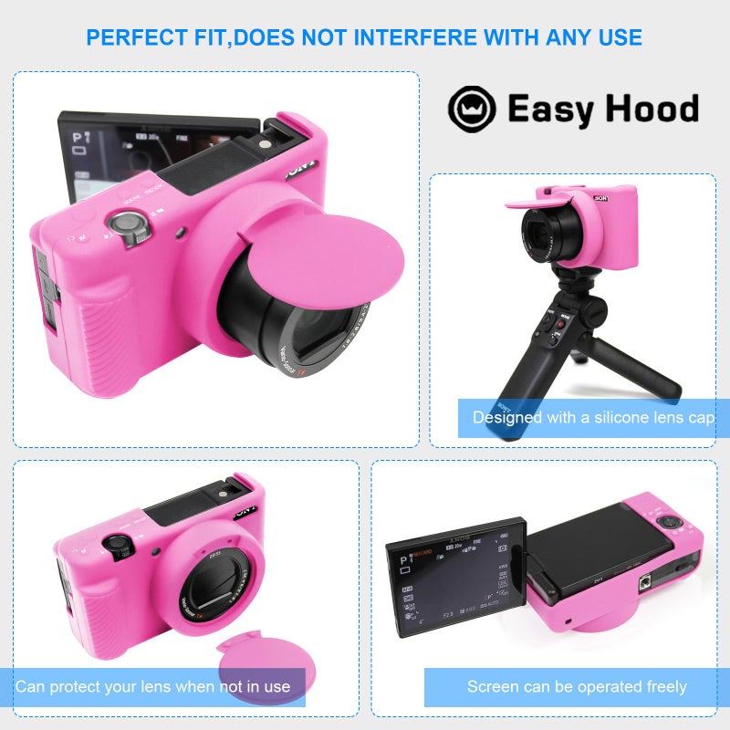 Easy Hood حافظة كاميرا سهلة للكاميرا سوني ZV-1 ZV1 ZV 1 كاميرا الفلوغ، غطاء جسم الكاميرا مع غطاء عدسة قابل للإزالة وأزرار تحكم مضادة للخدش، تصميم نحيف وناعم من السيليكون لحماية كاميرا DSLR باللون الوردي - Image 5