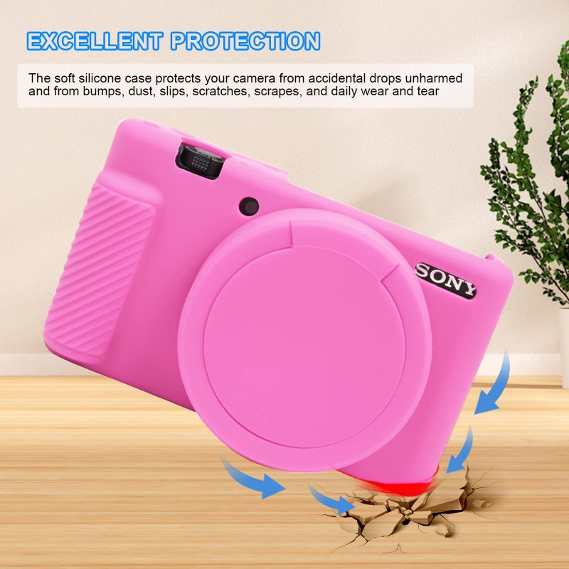 Easy Hood حافظة كاميرا سهلة للكاميرا سوني ZV-1 ZV1 ZV 1 كاميرا الفلوغ، غطاء جسم الكاميرا مع غطاء عدسة قابل للإزالة وأزرار تحكم مضادة للخدش، تصميم نحيف وناعم من السيليكون لحماية كاميرا DSLR باللون الوردي - Image 3